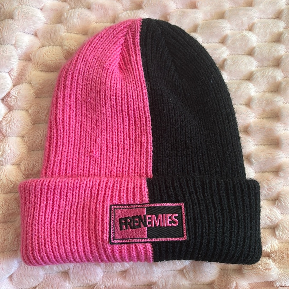 Pink and Black Knit Beanie with Cuffed Design